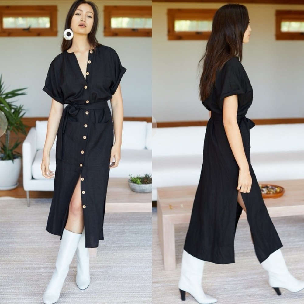 Emerson Fry Desert Midi Dress Black Short Sleeve Full Button Front Linen Blend